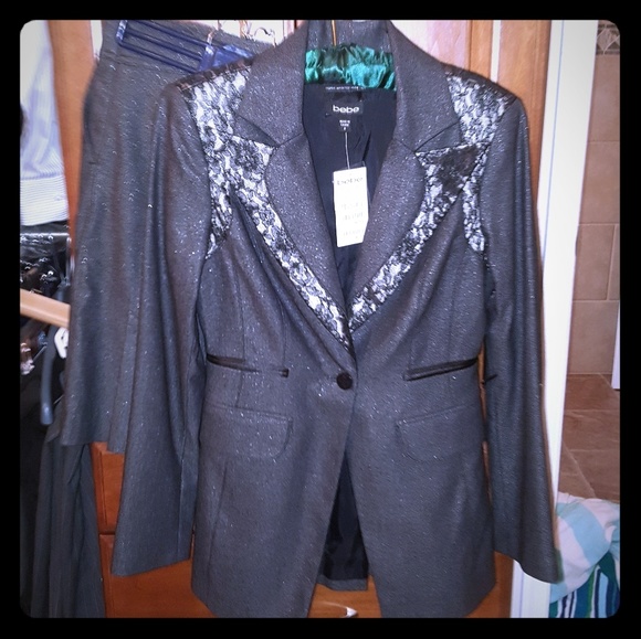 Bebe Grey Lace Italian Skirt Jacket Suit Set